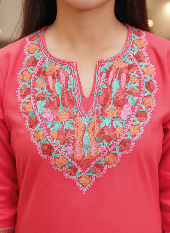 Crimson Red Cotton Kurti with Green Crewel Embroidery