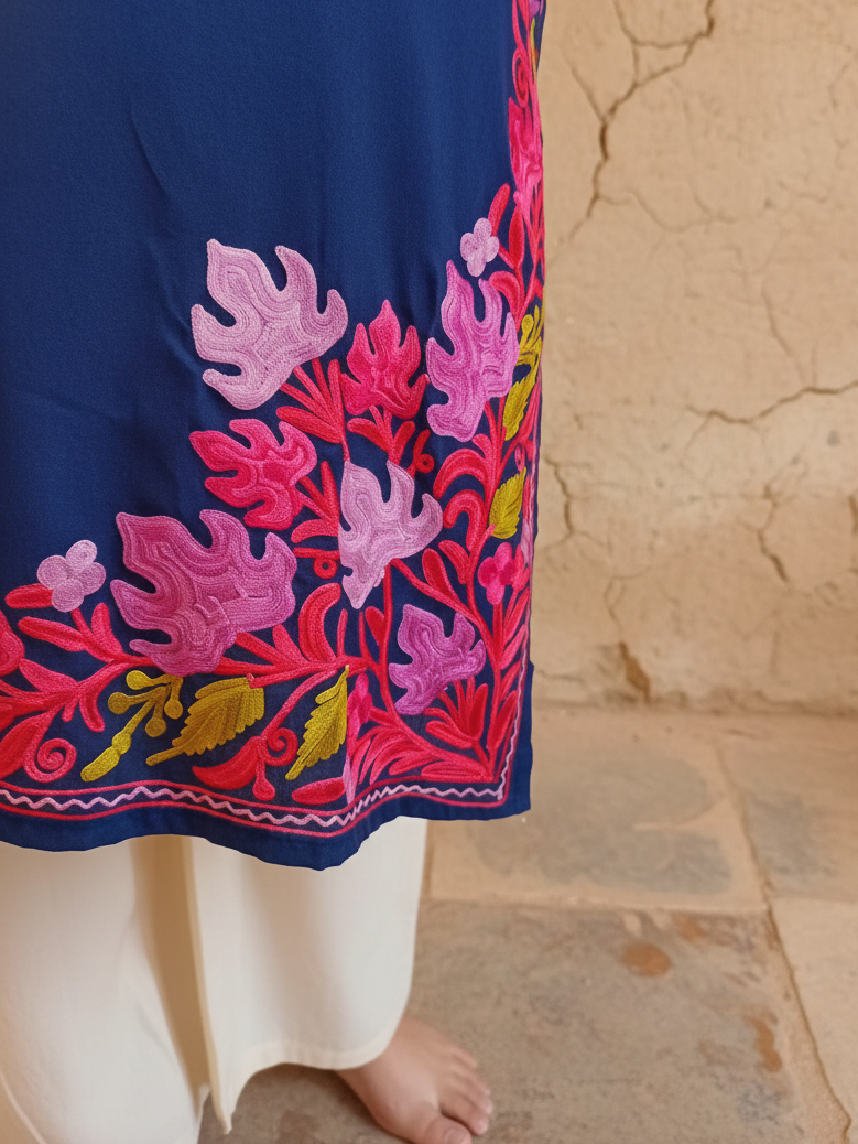 Midnight Blue Cotton Kurti with Pink Crewel Embroidery
