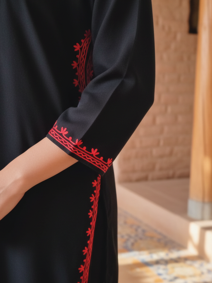 Black  Kurti With Red Floral Motifs