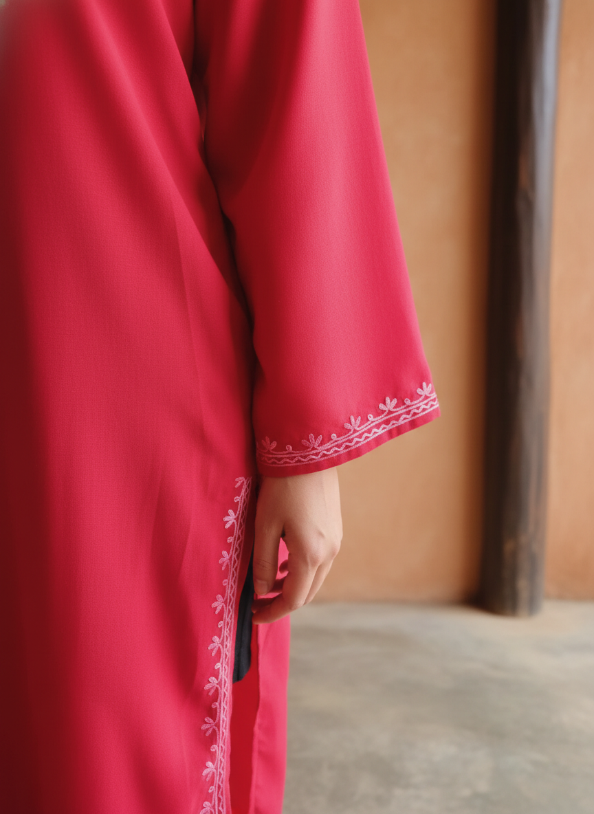 Crimson Red Cotton Kurti with Green Crewel Embroidery