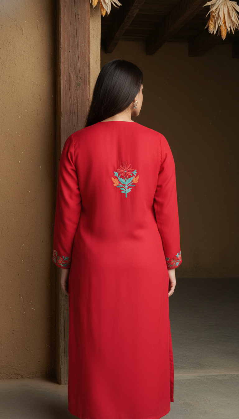 Crimson Red Cotton Kurti with Green Crewel Embroidery