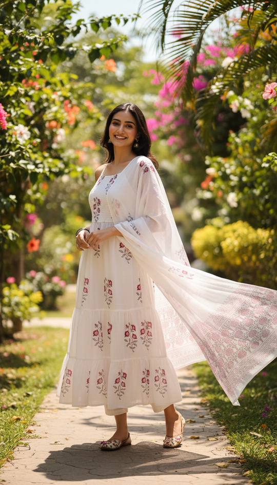 White Printed Tiered Anarkali Set