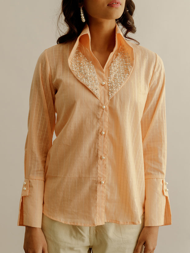 Peach Shirt with Pearl Embellished Collar