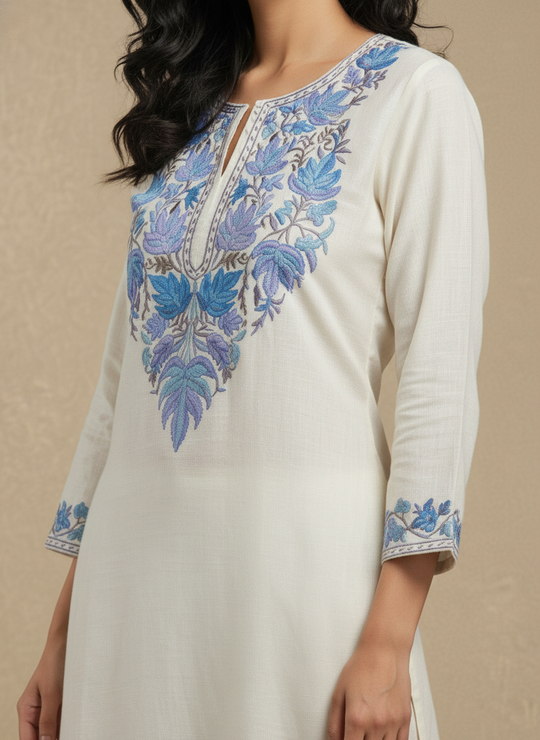 White Aari Embroidered Co-ord Set with Blue Floral Motifs