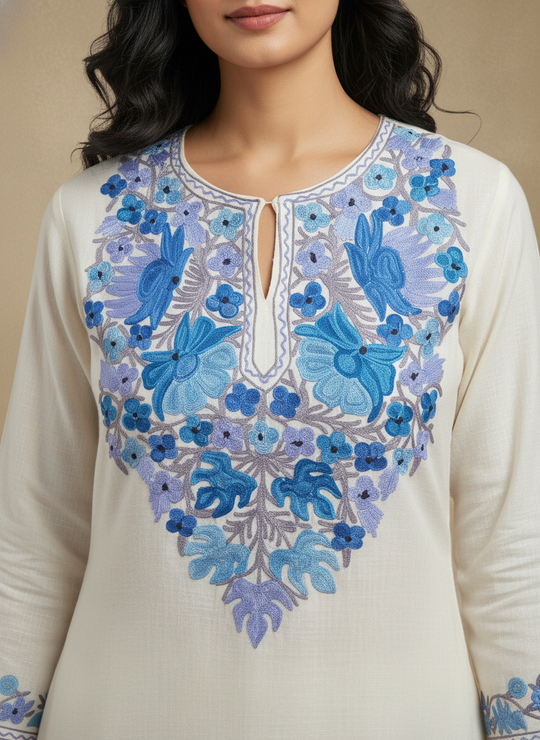 White Aari Embroidered Co-ord Set with Blue Floral Motifs