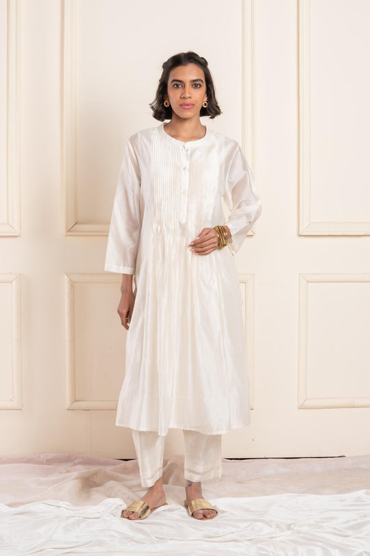 Women chanderi embroidered roundneck a line kurta white