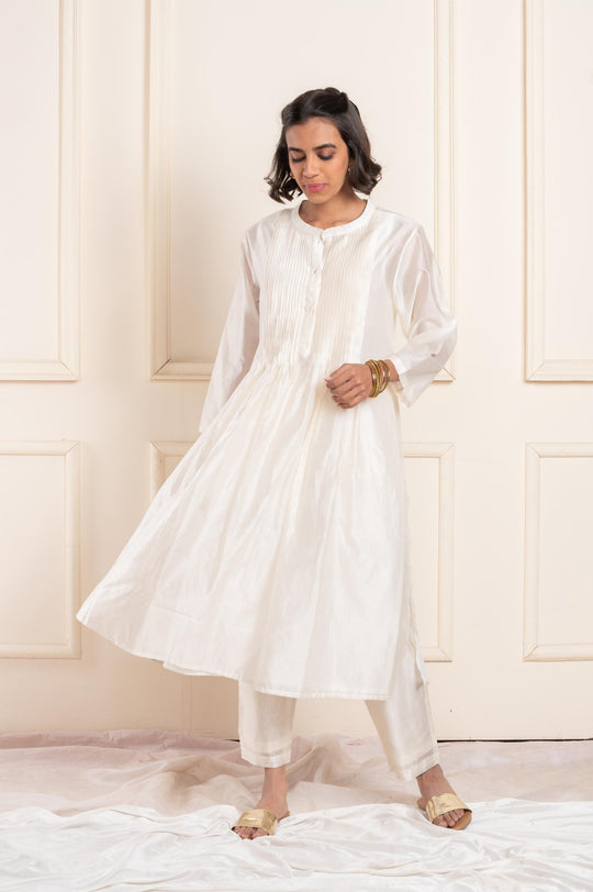 Women chanderi embroidered roundneck a line kurta white