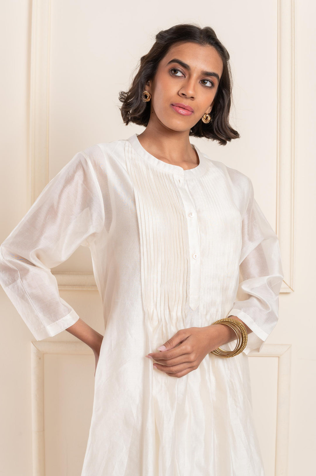 Women chanderi embroidered roundneck a line kurta white