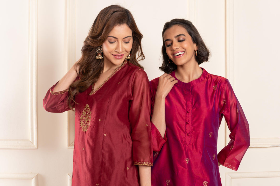 Women chanderi handembriodered vneck aline suitset maroon