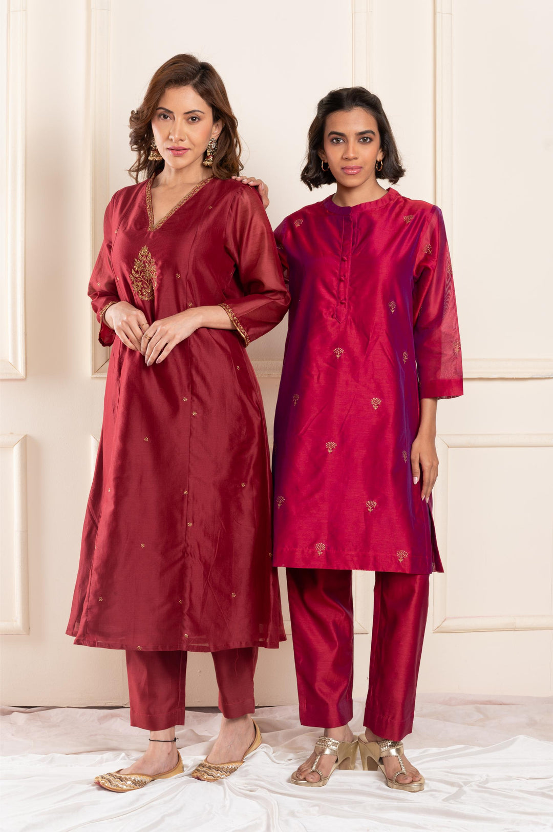 Women chanderi handembriodered vneck aline suitset maroon