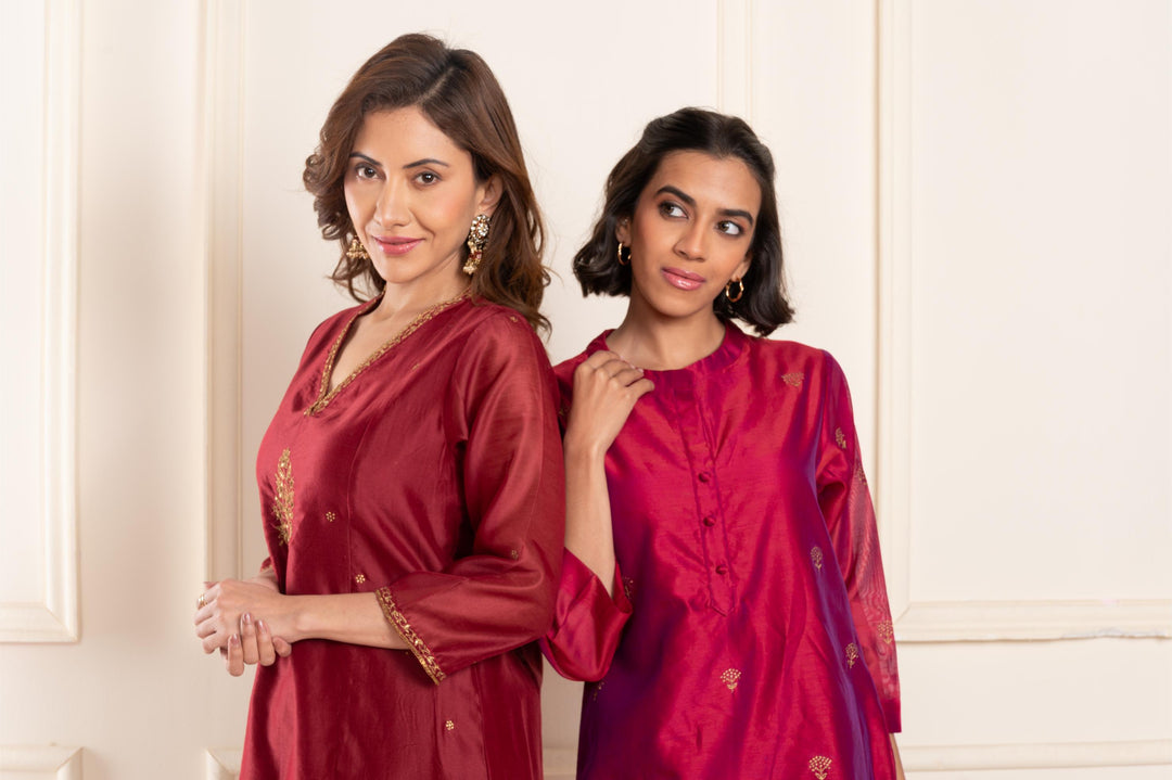 Women chanderi handembriodered vneck aline suitset maroon