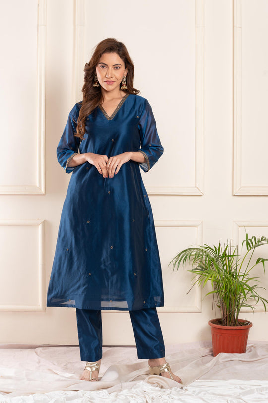 Women chanderi handembroidered vneck a line suitset blue