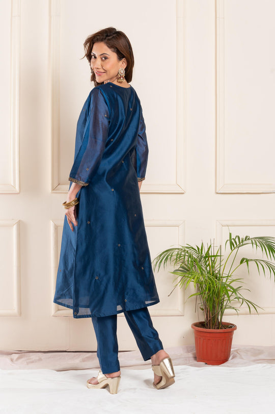 Women chanderi handembroidered vneck a line suitset blue