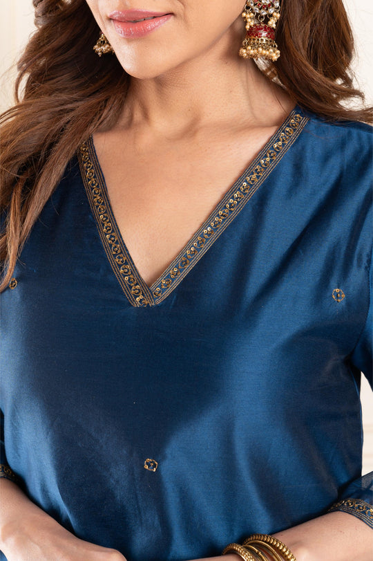 Women chanderi handembroidered vneck a line suitset blue