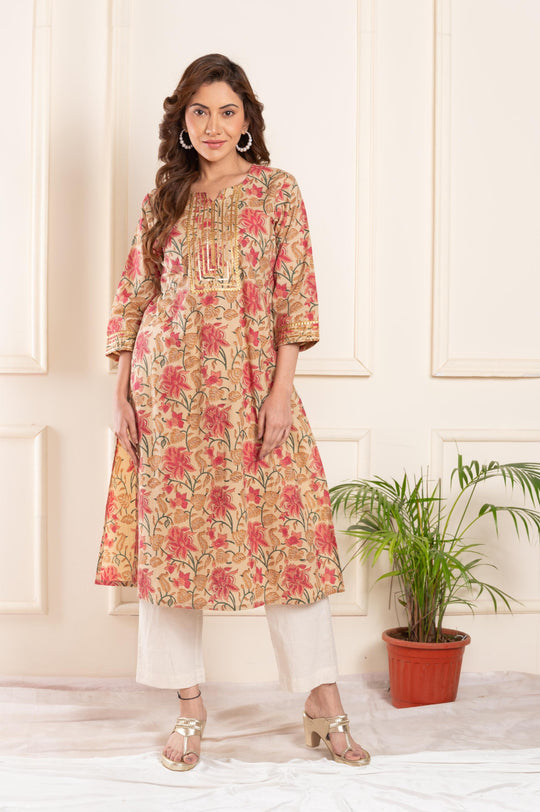 Women cotton blockprint gottapati roundneck a line kurta beige