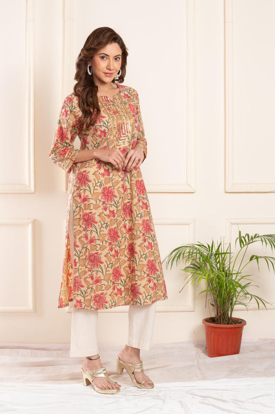 Women cotton blockprint gottapati roundneck a line kurta beige