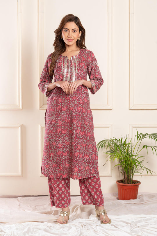 Women cotton blockprint gotta pati-roundneck straight fit suitset marron