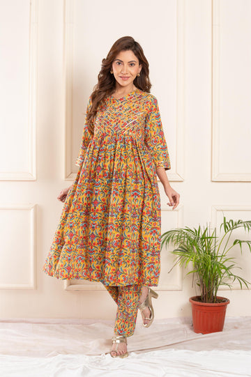 women cotton blockprint gota patti suitset mint