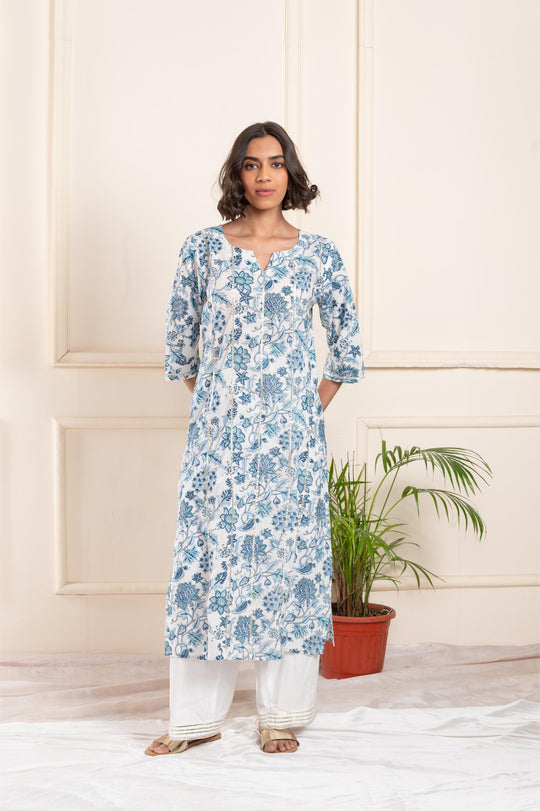 Women cotton blockprint gotta pati roundneck straight fit suitset blue