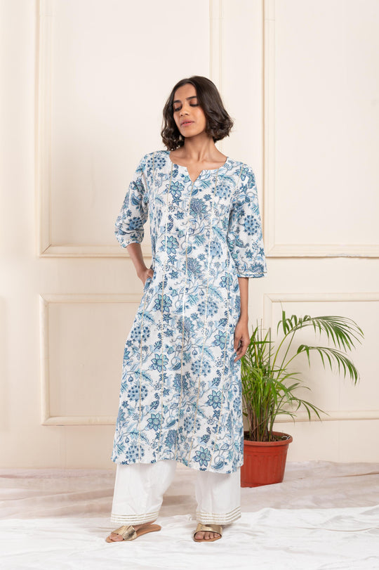 Women cotton blockprint gotta pati roundneck straight fit suitset blue