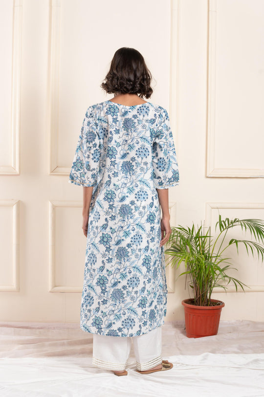 Women cotton blockprint gotta pati roundneck straight fit suitset blue