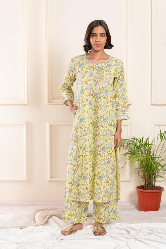 Women cotton blockprint gotta pati vneck a line suitset lemon yellow