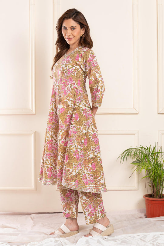 Women cotton blockprint gotta pati vneck straight fit suitset pink