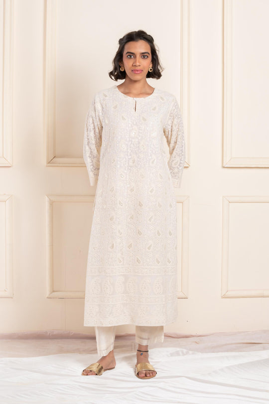 Women georgette lakhnawi roundneck regular suitset white