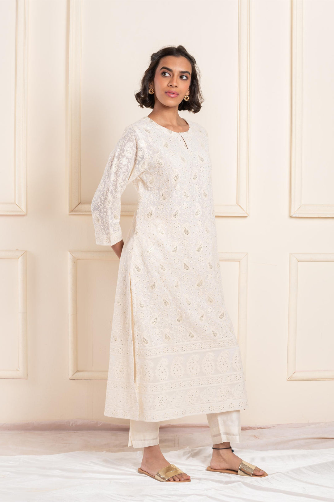 Women georgette lakhnawi roundneck regular suitset white