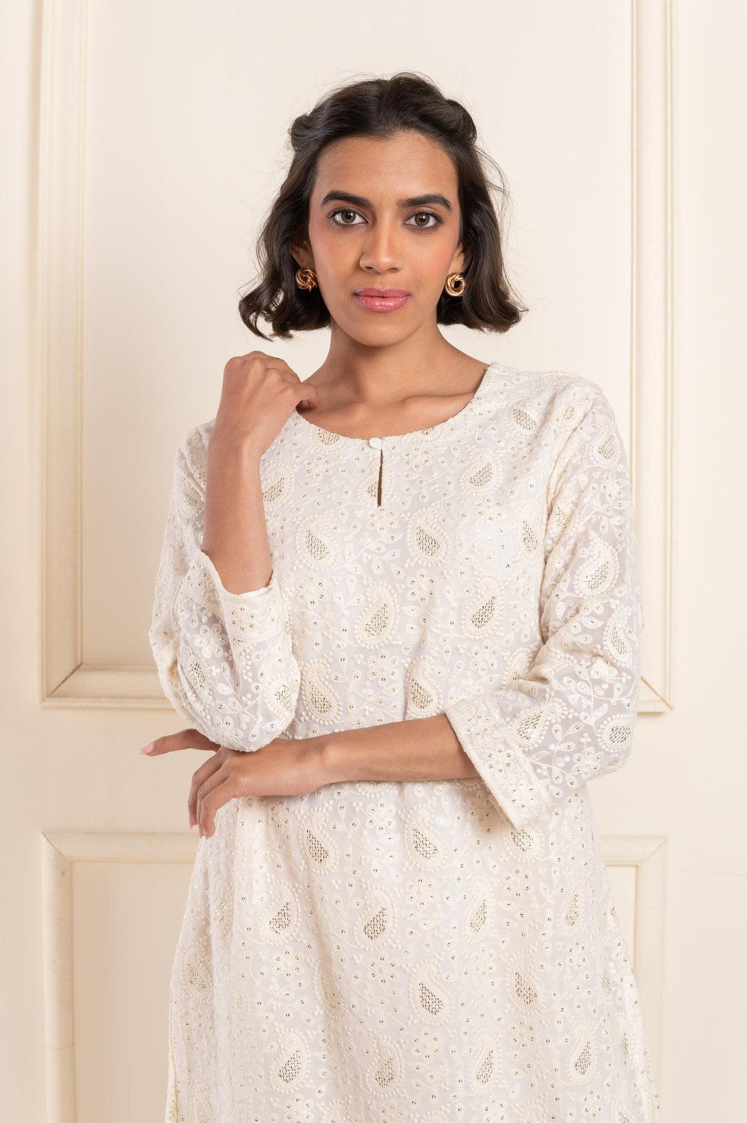 Women georgette lakhnawi roundneck regular suitset white