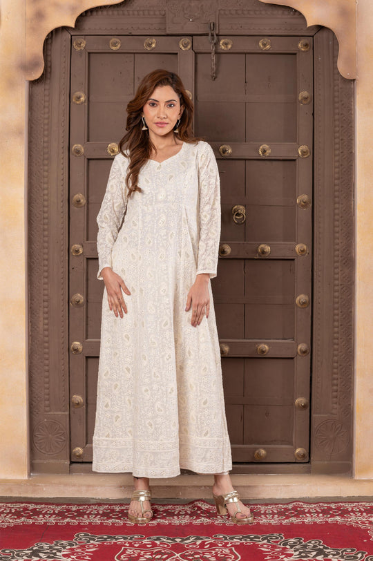 Women georgette lakhnawi vneck a line suitset white