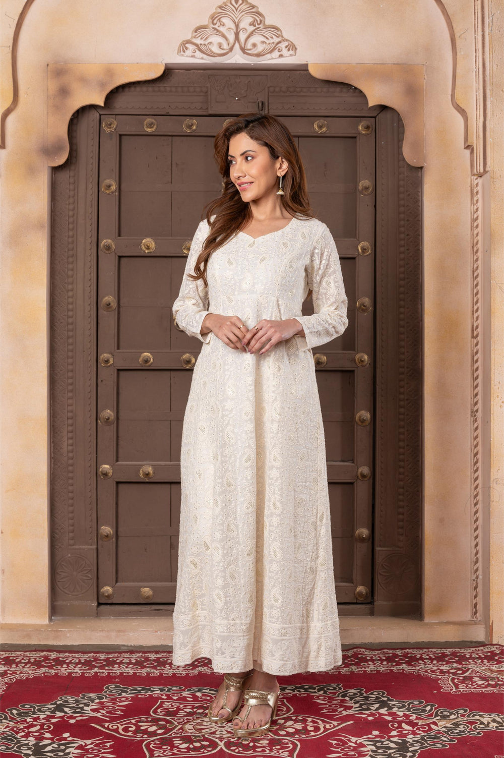 Women georgette lakhnawi vneck a line suitset white