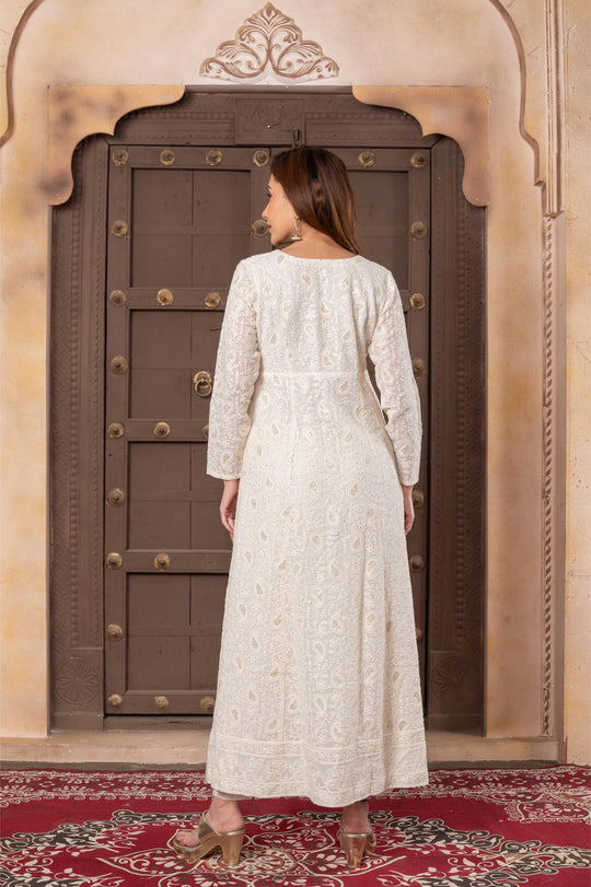 Women georgette lakhnawi vneck a line suitset white