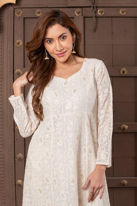 Women georgette lakhnawi vneck a line suitset white