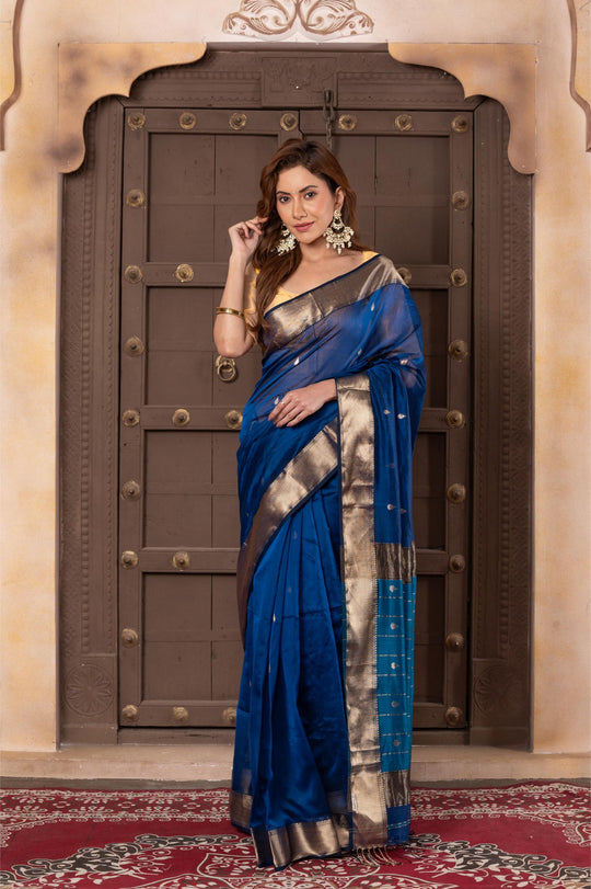 Women silk handloom saree blue