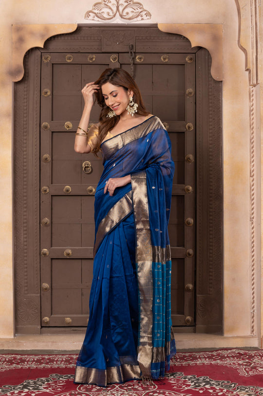 Women silk handloom saree blue