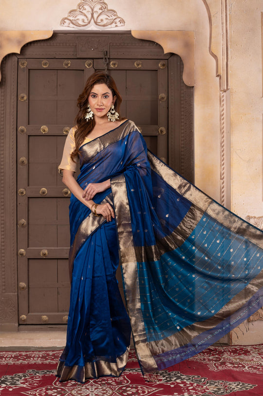 Women silk handloom saree blue