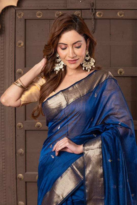 Women silk handloom saree blue