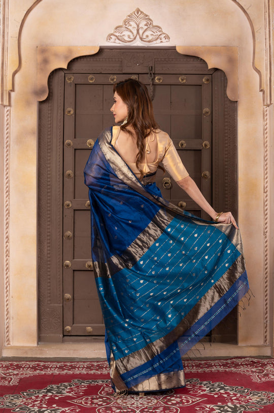 Women silk handloom saree blue