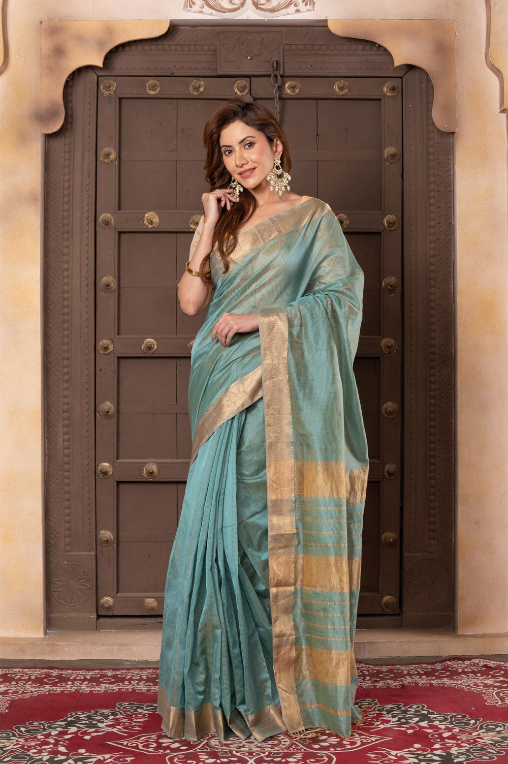 Women silk handloom saree mint