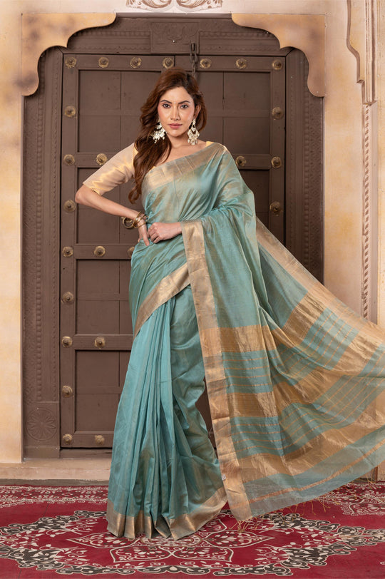 Women silk handloom saree mint