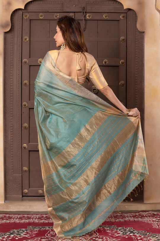 Women silk handloom saree mint