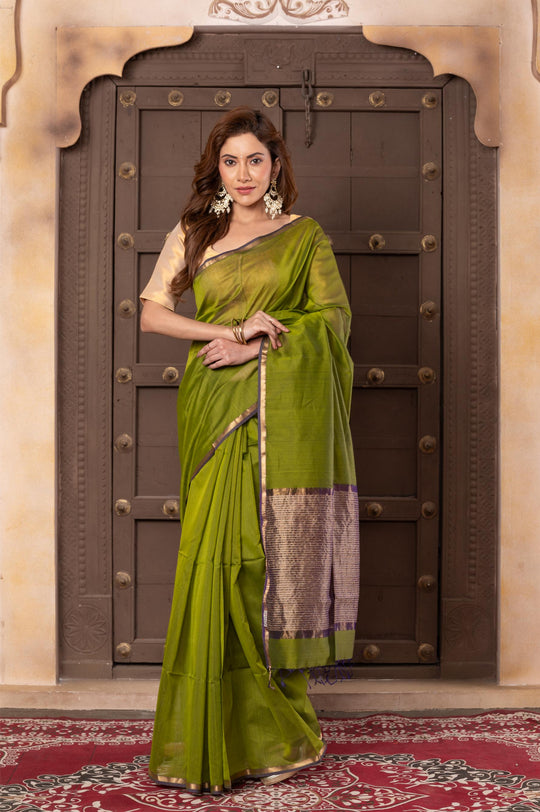 Women silk handloom saree olive