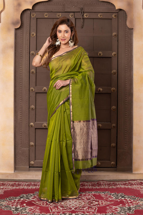 Women silk handloom saree olive