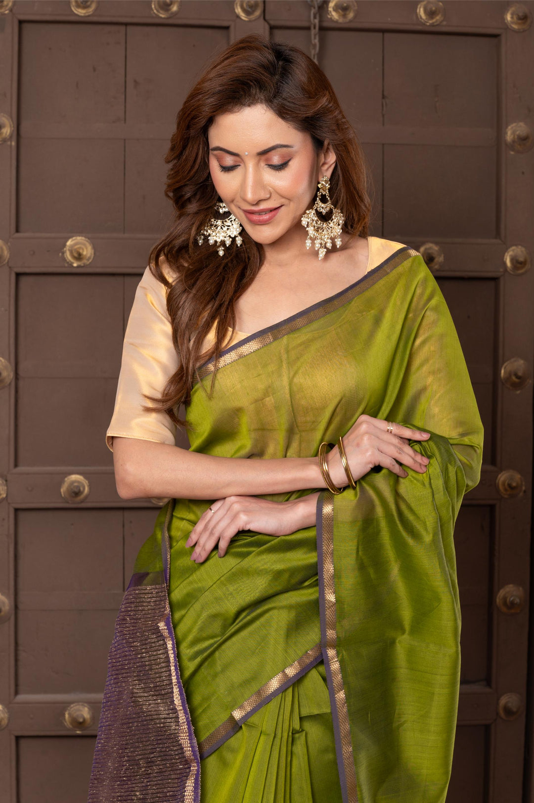 Women silk handloom saree olive