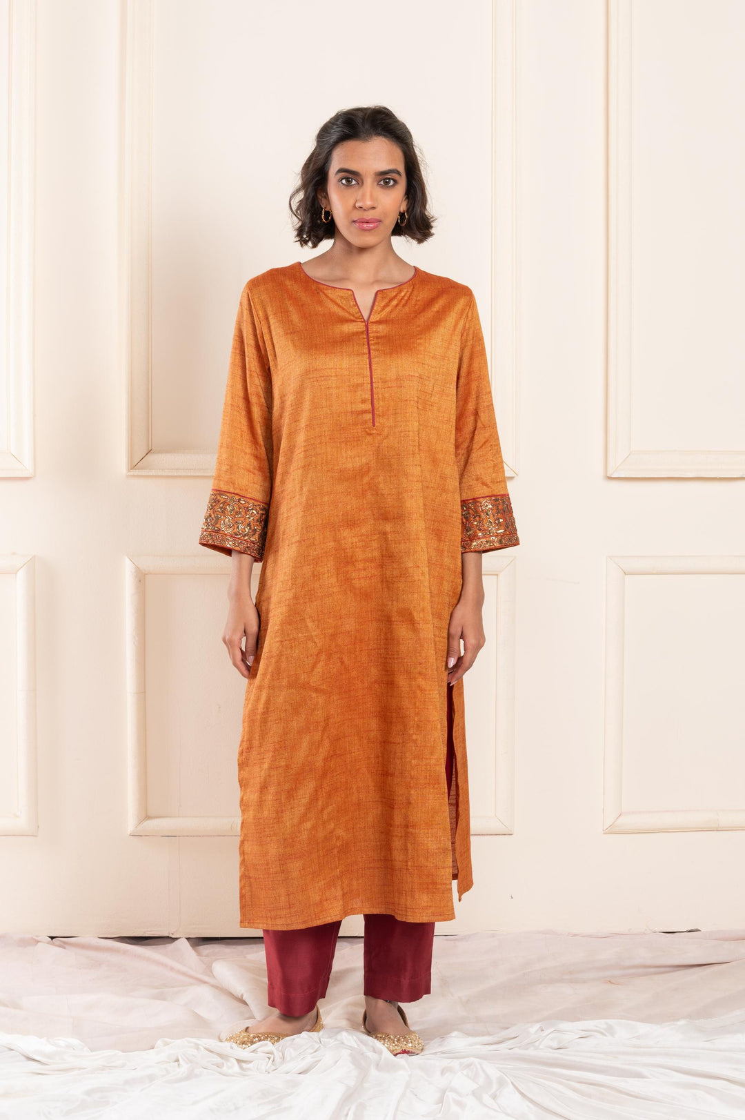 Women slubsilk rust orange kurta
