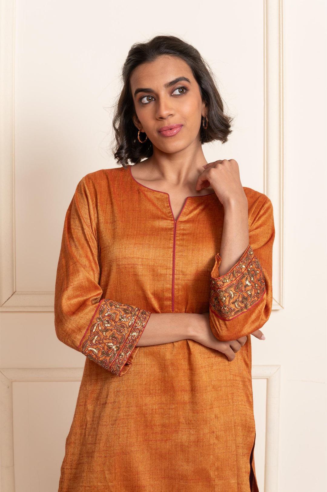 Women slubsilk rust orange kurta