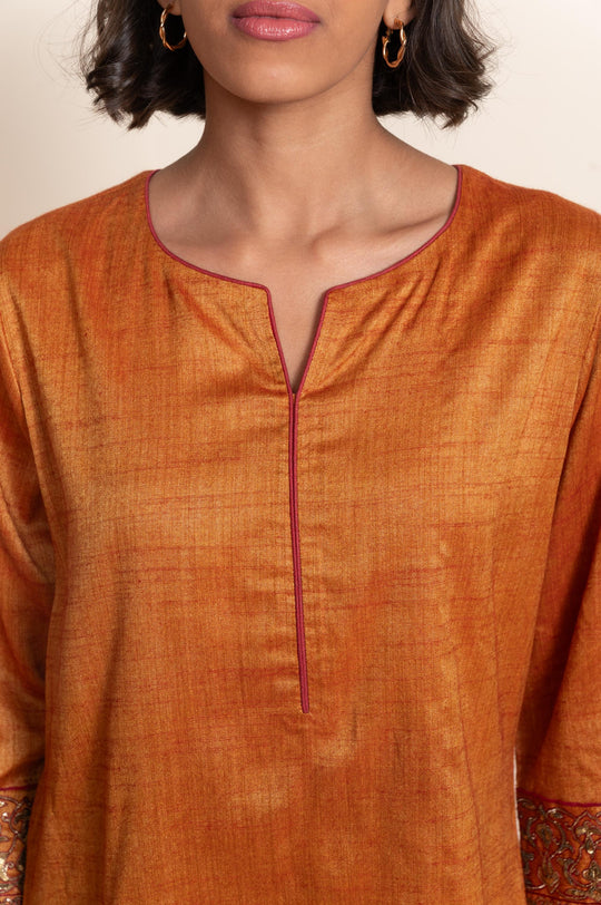 Women slubsilk rust orange kurta