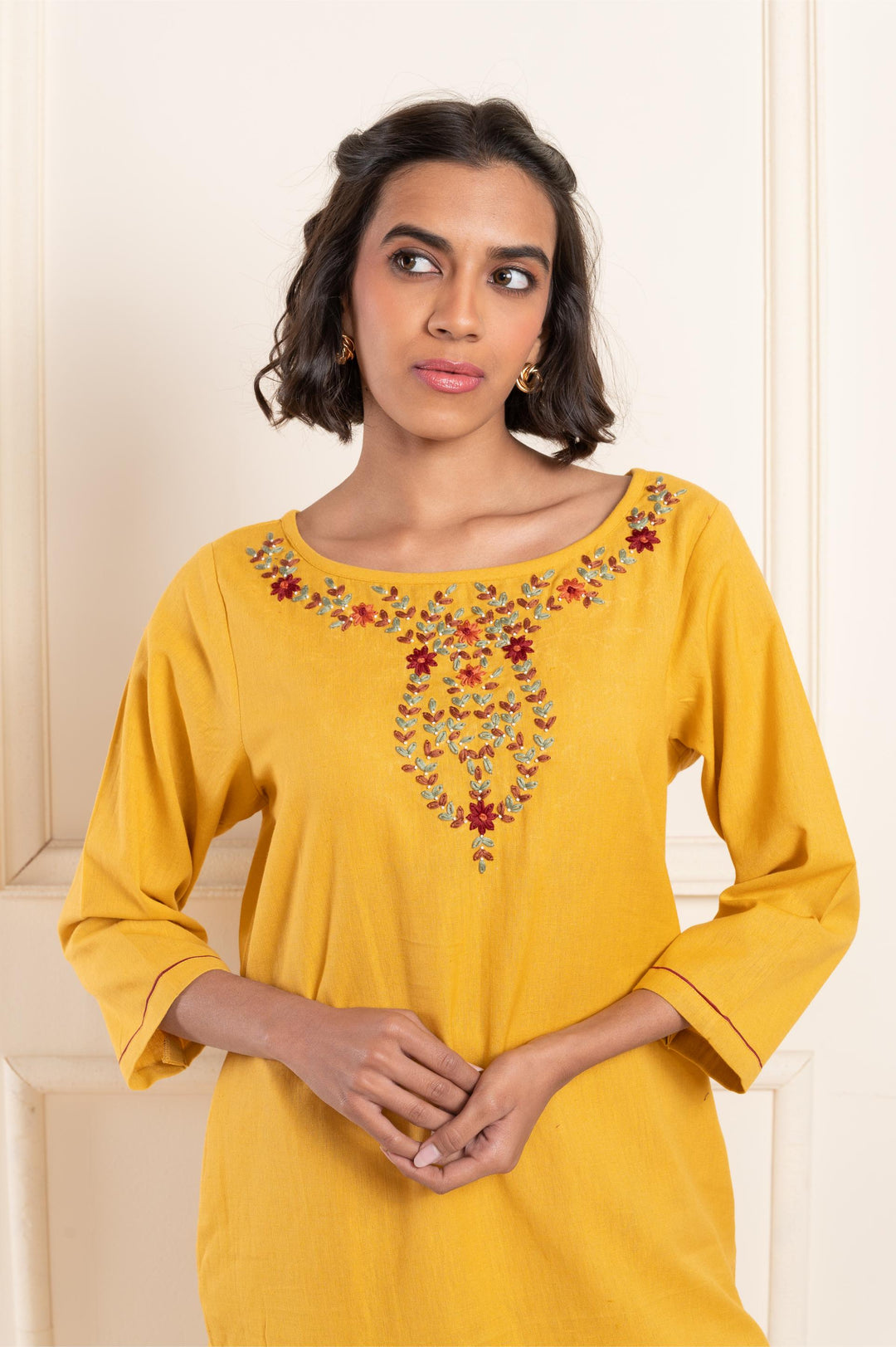 Women twill embroidered roundneck straightfit suitset mustard