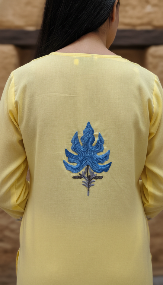 Lime Yellow Cotton Kurti With Floral Embroidery